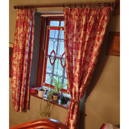 212 - Two pairs of gold and burgundy ground Curtains along with poles and tie backs. Drop 180 W 90 cm appr... 