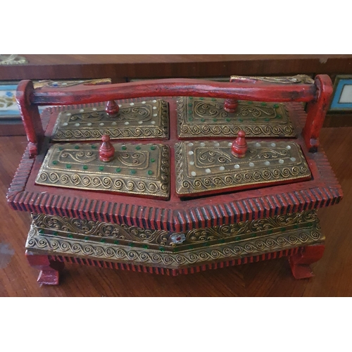 268 - A neat Indian Table Cabinet 28 x 19 x H 17 cm approx, six hand painted fabric panels along with othe... 