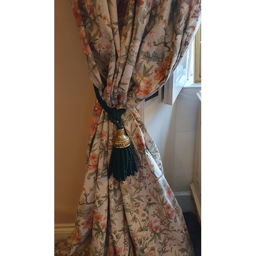 364 - A good pair of lined Curtains with cream ground and floral pattern along with pelmets and tiebacks. ... 