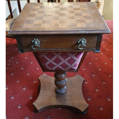 341 - A late 19th Century Walnut work Table with chessboard top along with a part set of timber chess piec... 