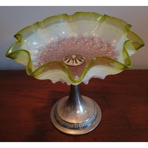 501 - A good Vaseline Glass Centre Dish with silver plated base W 24 x H 22 cm approx.  along with cranber... 