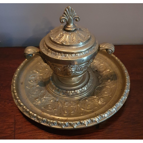 502 - A good 19th Century Brass Inkwell along with other items on the table.