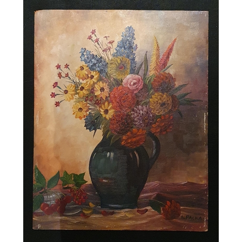 505 - A good 20th Century still life of flowers in a vase on a table setting. Signed La Packa LR. 50 x 40 ... 