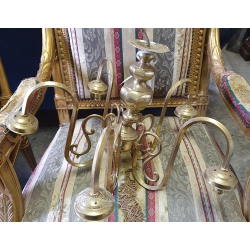 790 - A good five branch Brass Chandelier with glass shades. Drop 35 cm approx.