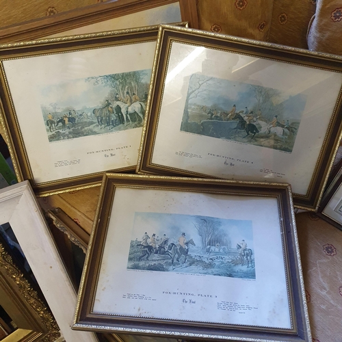 801 - A set of three Fox Hunting Plates along with two coloured engravings of horses and an oil on board o... 