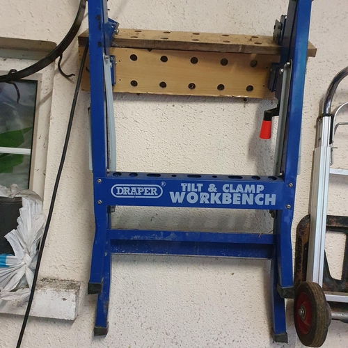 858 - A Draper tilt and clamp Workbench along with a sack truck and a meat Hanger.