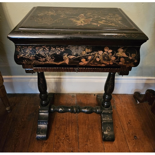 108 - A late 19th Century, early 20th Century ebonised work Table with chinoiserie hand painted detail.
46... 