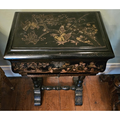 108 - A late 19th Century, early 20th Century ebonised work Table with chinoiserie hand painted detail.
46... 