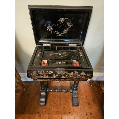 108 - A late 19th Century, early 20th Century ebonised work Table with chinoiserie hand painted detail.
46... 