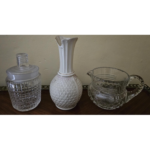 266 - A second period Belleek Vase along with a Waterford biscuit Barrell and a Crystal Jug, possibly Wate... 