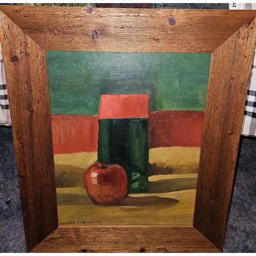 291 - Carole Lawlor Millard. A Oil on Board still life Apple and Vase signed lower left. 44 x 34 cm approx... 