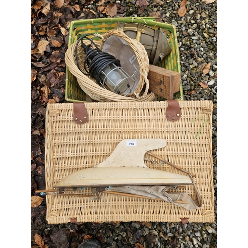 778 - A quantity of Vintage items to include a scratch built Boat, Lamp, wicker baskets etc.