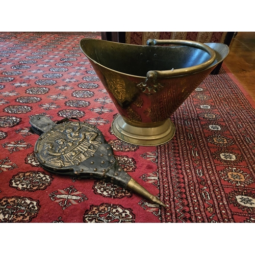 94 - A Copper coal Bucket along with a good Vintage Bellows.