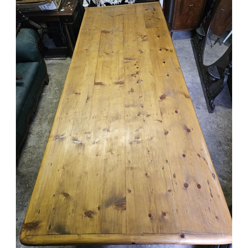 805 - An extremely large Pine Kitchen Table with single frieze drawer on large bulbous turned supports and... 