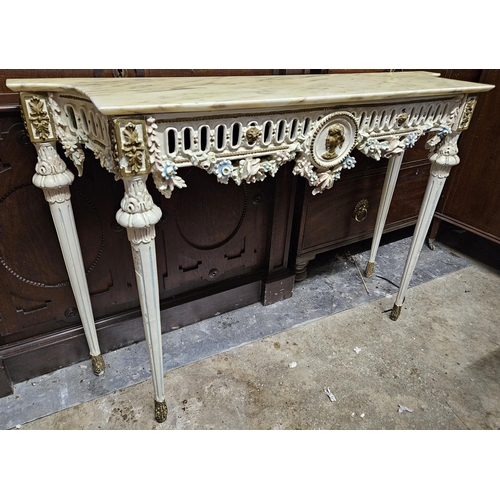 836 - A 20th Century painted Timber Console Table with marble top on turned fluted supports. W 125 x 33 x ... 