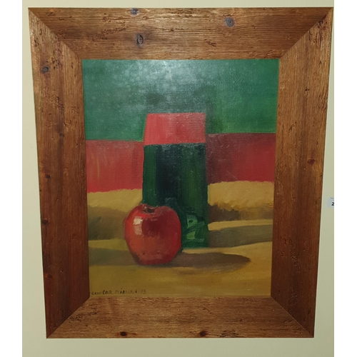 291 - Carole Lawlor Millard. A Oil on Board still life Apple and Vase signed lower left. 44 x 34 cm approx... 