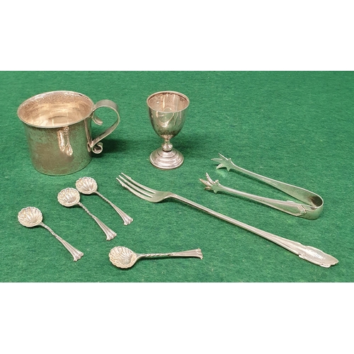 948 - A London Silver Cup, a set of four Silver mustard Spoons along with a Birmingham Silver sugar Tongs,... 