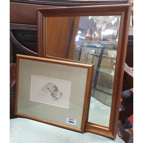 894 - A 20th Century Etching of a St Bernard along with a reproduction mirror.