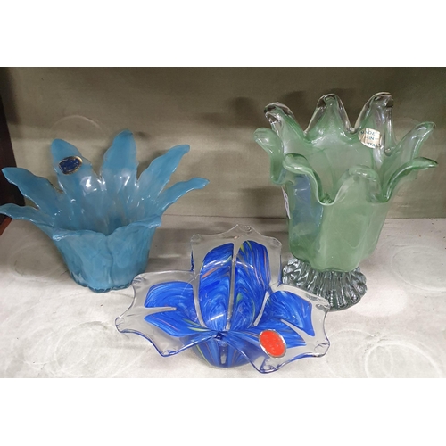 159 - Two Murano Glass centre Dishes along with another possibly Murano green ground Vase. Tallest being 1... 