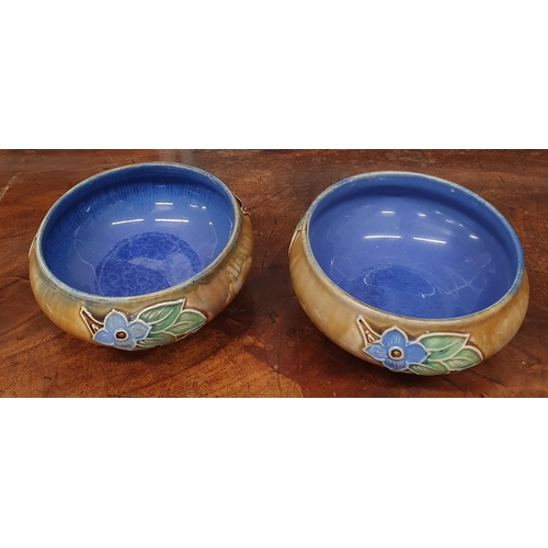 173 - A pair of Doulton salt glaze Pots. D 14 x H 7.5 cm approx.