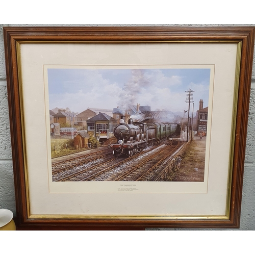 198 - After Chris Woods. A coloured Print of a steam train coming into a station along with a coloured pri... 