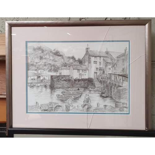 215 - A group of Pencil Sketches and an etching of village scenes.