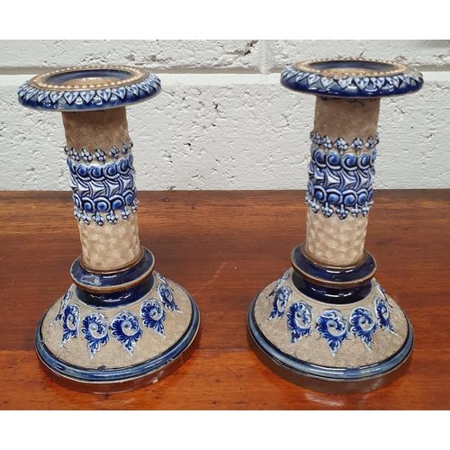 258 - A lovely pair of 19th Century Royal Doulton salt glaze Candlesticks. H 17 cm approx.