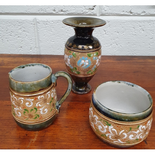 275 - Three 19th Century Royal Doulton salt glaze pieces. Tallest being 15 cm approx.