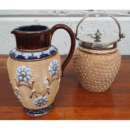 273 - A 19th Century Royal Doulton salt glaze Biscuit Barrel (H 11)and Jug.