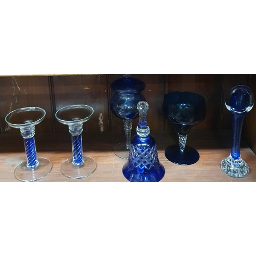 396 - A good quantity of Bristol blue Art Glass to include a pair of stemmed Villeroy & Boch Candlesticks.