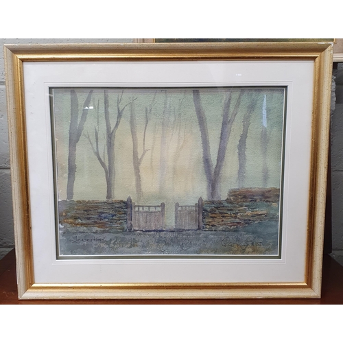 500 - After Peter Knight; A 20th Century Watercolour/Pastel of a gate going into a wood on a foggy day, si... 