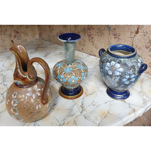 504 - A good group of Royal Doulton Salt Glaze items to include Jug, bud Vase and a pot. Tallest being 16 ... 