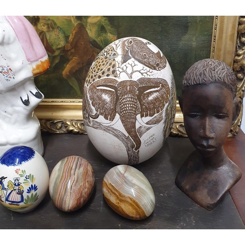 628 - A 19th Century Flatback Staffordshire Figure, a hand painted ostrich Egg, a Toby Jug and other items... 