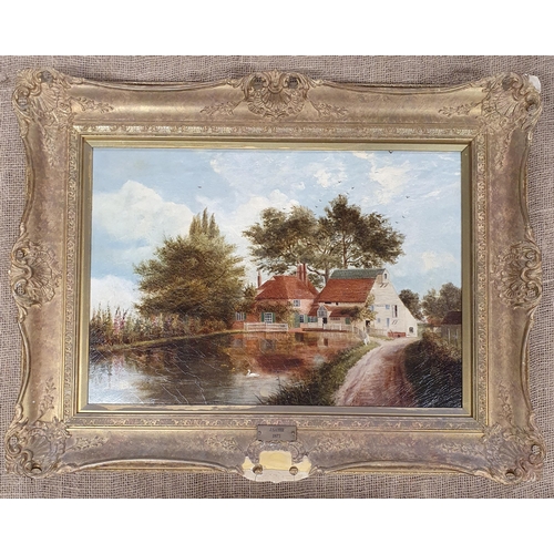 702 - Attributed to J Sayer. A 19th Century Oil on Canvas of a house with pines to the fore. No apparent s... 