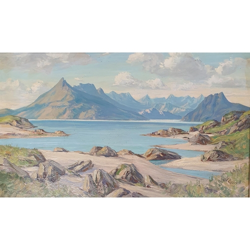 713 - William Russell. A 20th Century Oil on Board of a mountainous landscape with lake to the fore. Signe... 