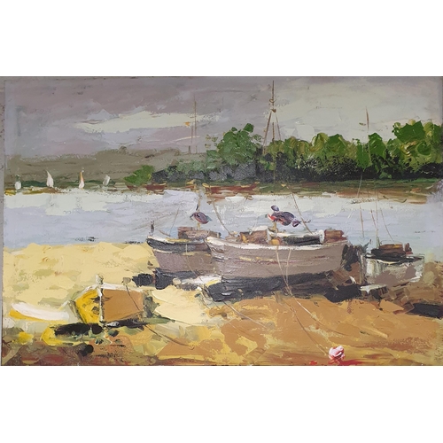 822 - A 20th Century Oil on Canvas of moored boats in an estuary. No apparent signature along with a 20th ... 