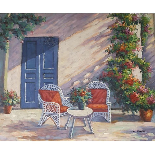 829 - A 20th Century Oil on Canvas of a tranquil veranda scene along with an oil on canvas of a river scen... 