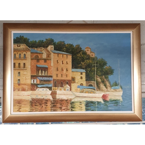 852 - A large Oil on Canvas of an Italian scene possibly Portofino. Signed R Carlos. 60 x 90 cm approx.