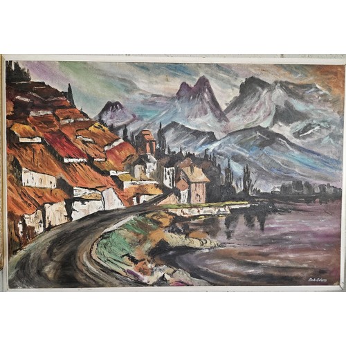 881 - A large Oil on Board of an Alpine scene, signed Bob Adams lower right.