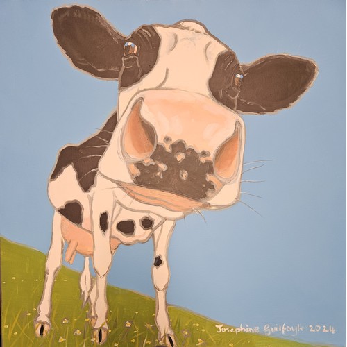 891 - Moo Town Mell, Oil on Board by Josephine Guilfoyle, signed lower left, 60 x 60 unframed.