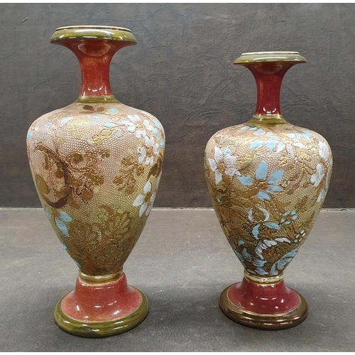 1053 - A matched pair of 19th Century Royal Doulton salt glaze Vases. H 19, H 17 cm approx.