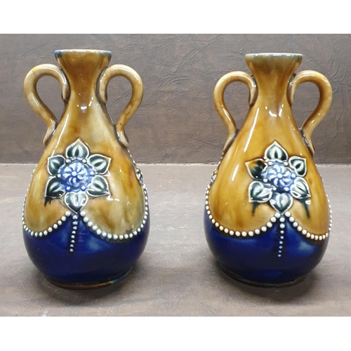 1056 - A pair of 19th Century Royal Doulton salt glaze Urns. H 14.5 cm approx.