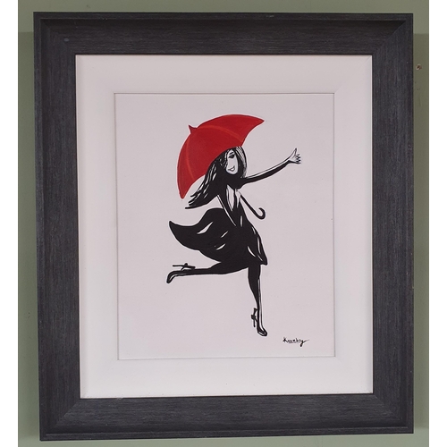 1071 - Kavnksy 'Red Umbrella' Acrylic On Board. Signed lower right and verso with artists thumb print.
 45 ... 