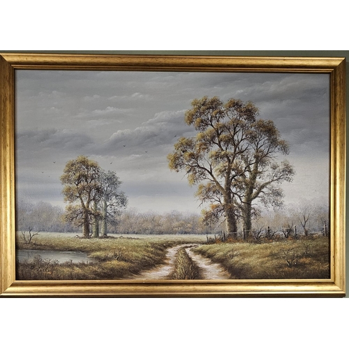 1076 - P Varley. A 20th Century Oil on Canvas of a tranquil scene with path and trees and lake to the fore.... 