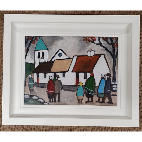 1079 - James Ryan (Irish) 'Sunday Mass' Oil On Board, signed lower left. H 30 x 40 (frame W 55 x H 45) cm a... 