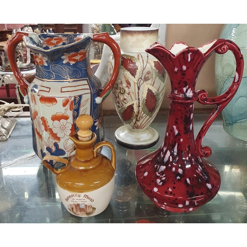 1209 - A large Imari pattern twin handled Stoneware Jug along with a hand painted glass vase, an ewer and a... 