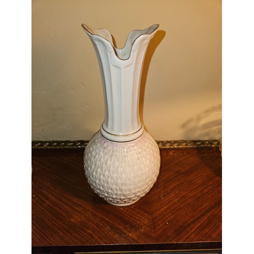 266 - A second period Belleek Vase along with a Waterford biscuit Barrell and a Crystal Jug, possibly Wate... 