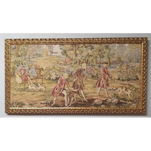 64A - A French Tapestry of a hunting scene in a gilt frame. 58 x 108 cm approx.