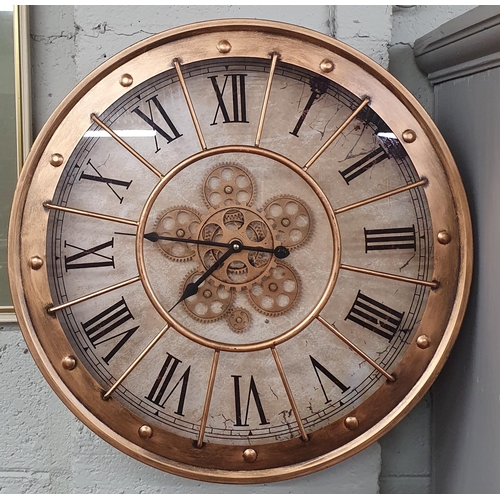 91 - A very large copper effect industrial style circular Wall Clock. D 59 cm approx.