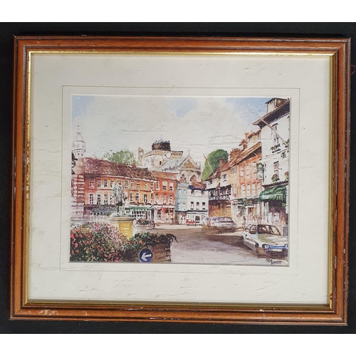 96 - Column Knight. A 20th Century Watercolour of a street scene. Signed LR along with a small oil on boa... 